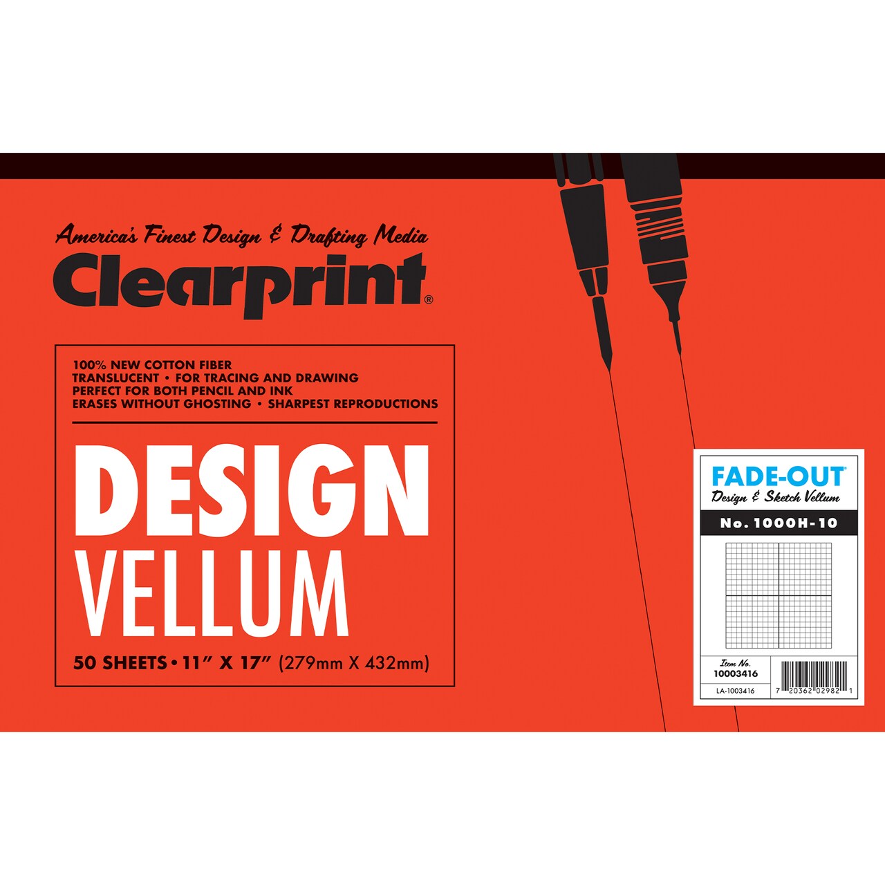 Clearprint 1000H Design Vellum Pad with Fade-Out Grid, 16 lb., 100% Cotton, 50 Sheets/Pad
